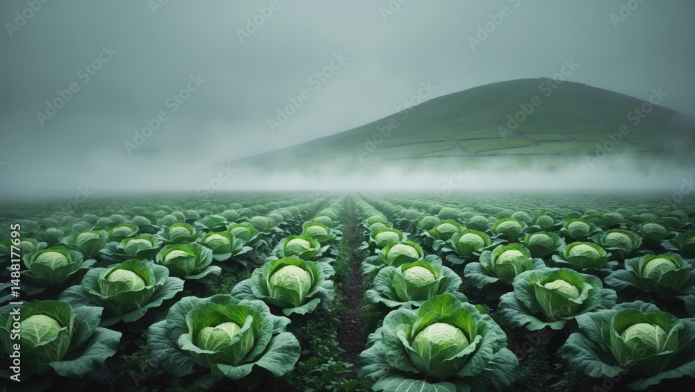 Poster cabbage plants are visible in a field with a misty background.