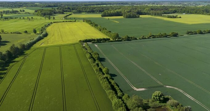 different fields and forest in germany landscape arieal with a blue sky and little clouds