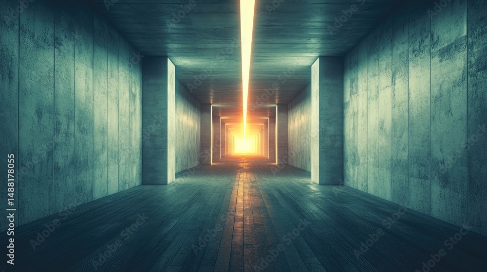 Poster empty concrete corridor with glowing light source.