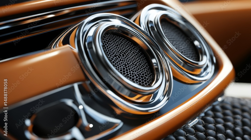 Poster a close-up of a premium car speaker system with chrome detailing and illuminated edges, integrated i