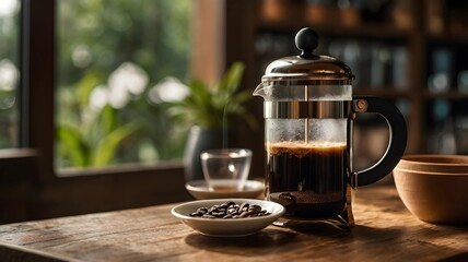 Morning French Press Coffee Brew on Wooden Table with Sunlight and Greenery in Cozy Caf&eacute; Setting.