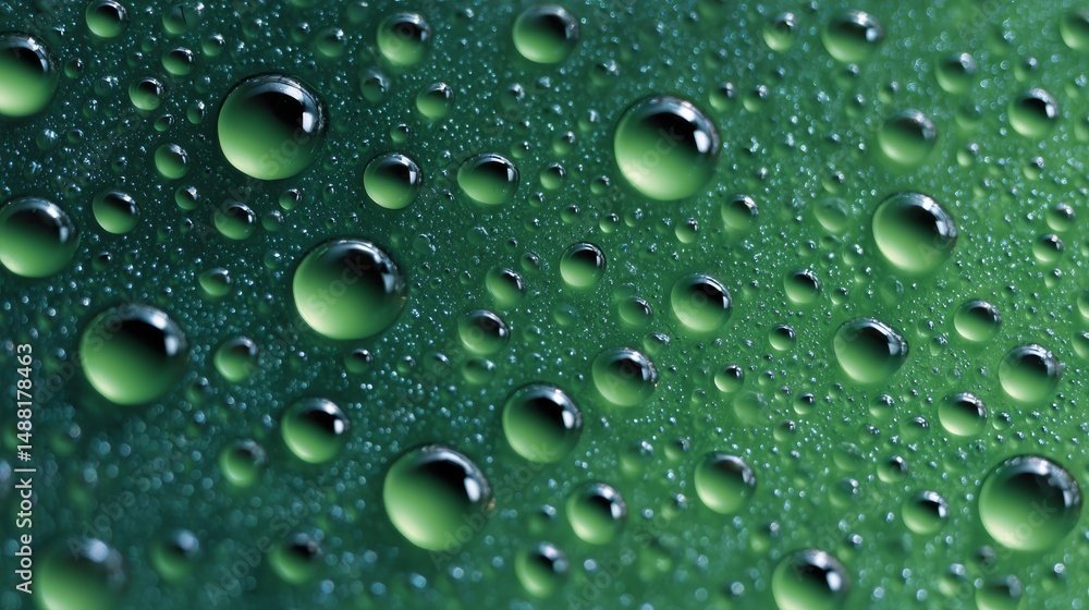 Aufkleber close-up of dew droplets gliding across frosted green surface creating a serene atmosphere
