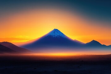 Stunning landscape featuring a majestic snow-capped mountain silhouetted against a vibrant orange and blue twilight sky.