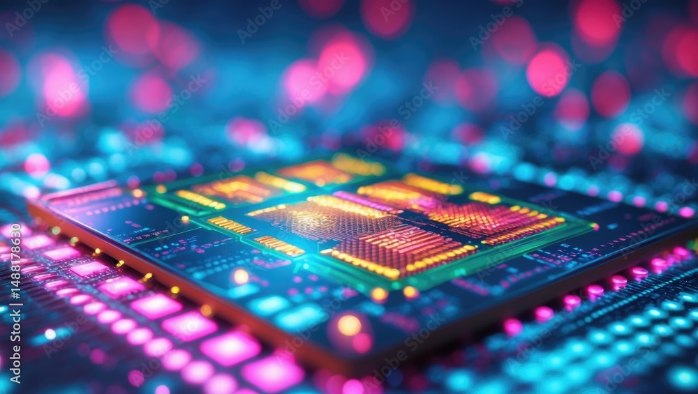 Poster digital backdrop. computer surface. close-up of microelectronics. microprocessor viewed under a micr