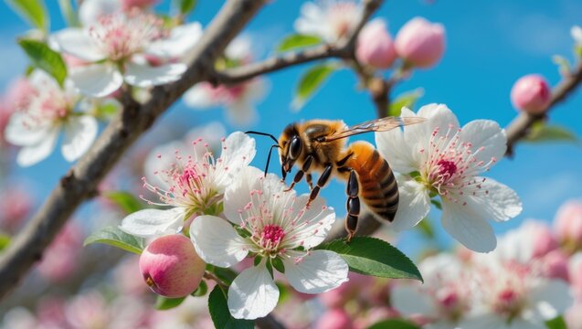 Honey bee engaging in pollination of white flowers on an apple tree under the sky