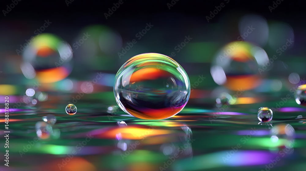 Poster multiple colorful water droplets bouncing across a reflective surface creating mesmerizing light dis
