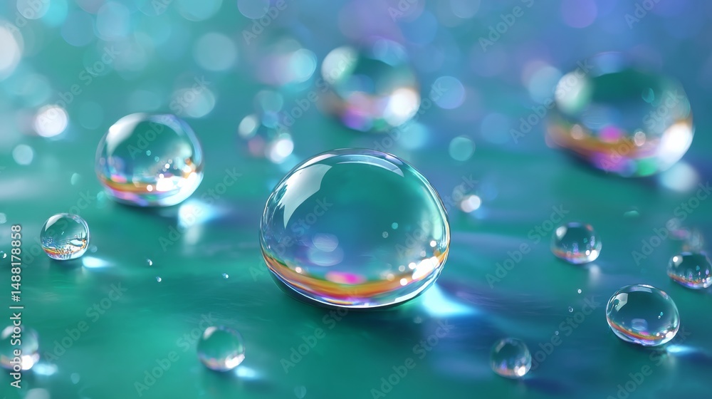 Poster close-up of colorful water droplets bouncing on a reflective surface creating captivating visual eff