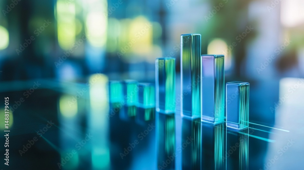 Aufkleber A futuristic bar graph with transparent bars glowing in shades of blue and green, hovering above a reflective surface, symbolizing financial trends