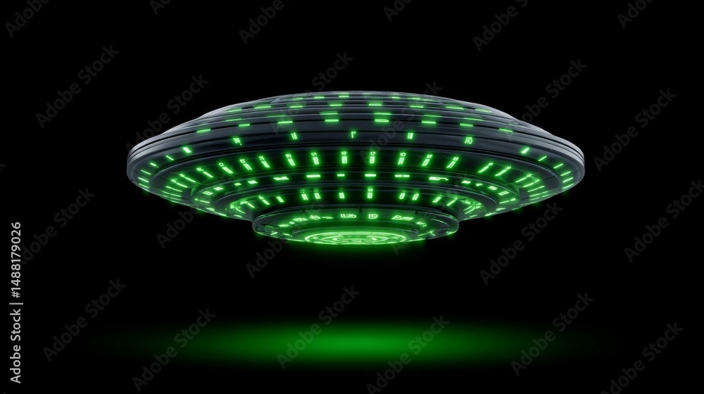 Poster futuristic alien artifact hovering with rotating green glyphs in a dark background