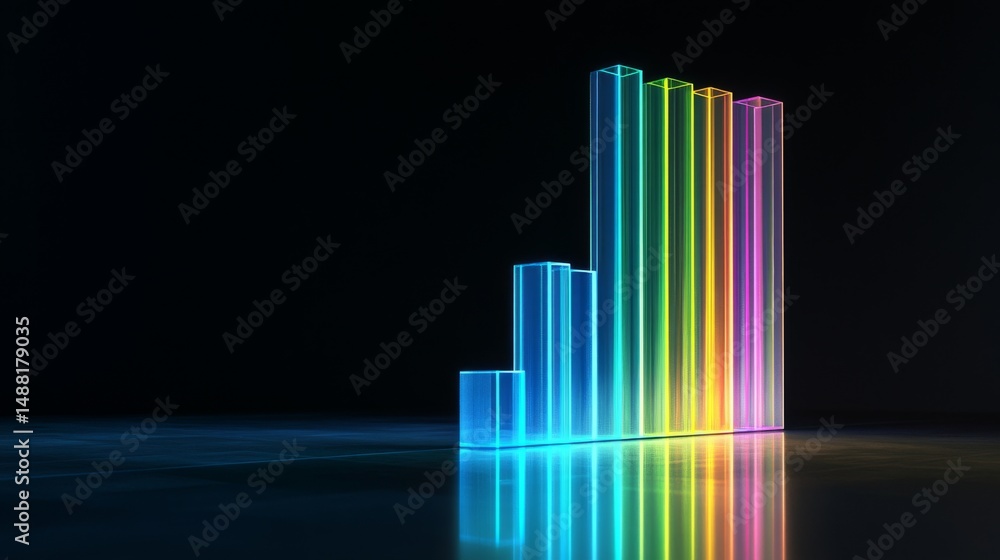 Aufkleber a futuristic bar graph with transparent bars glowing in shades of blue and green, hovering above a r