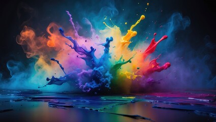 Fototapeta premium Abstract background featuring dark multicolored mist, swirling acrylic paints, and a burst of colors.
