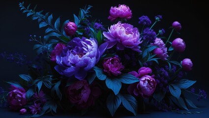 Obraz premium Garden Flower Bouquet. Greeting Card Featuring Flowers with Text Space. Creative Floral Design on Dark Background. Plants, Leaves, and Decorative Flora. Concept of Nature.