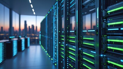 Server room image showcasing data processing alongside digital business interface