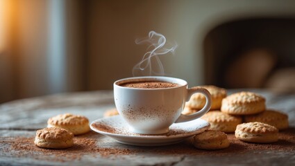 Coffee cup with biscuits on a table in the room