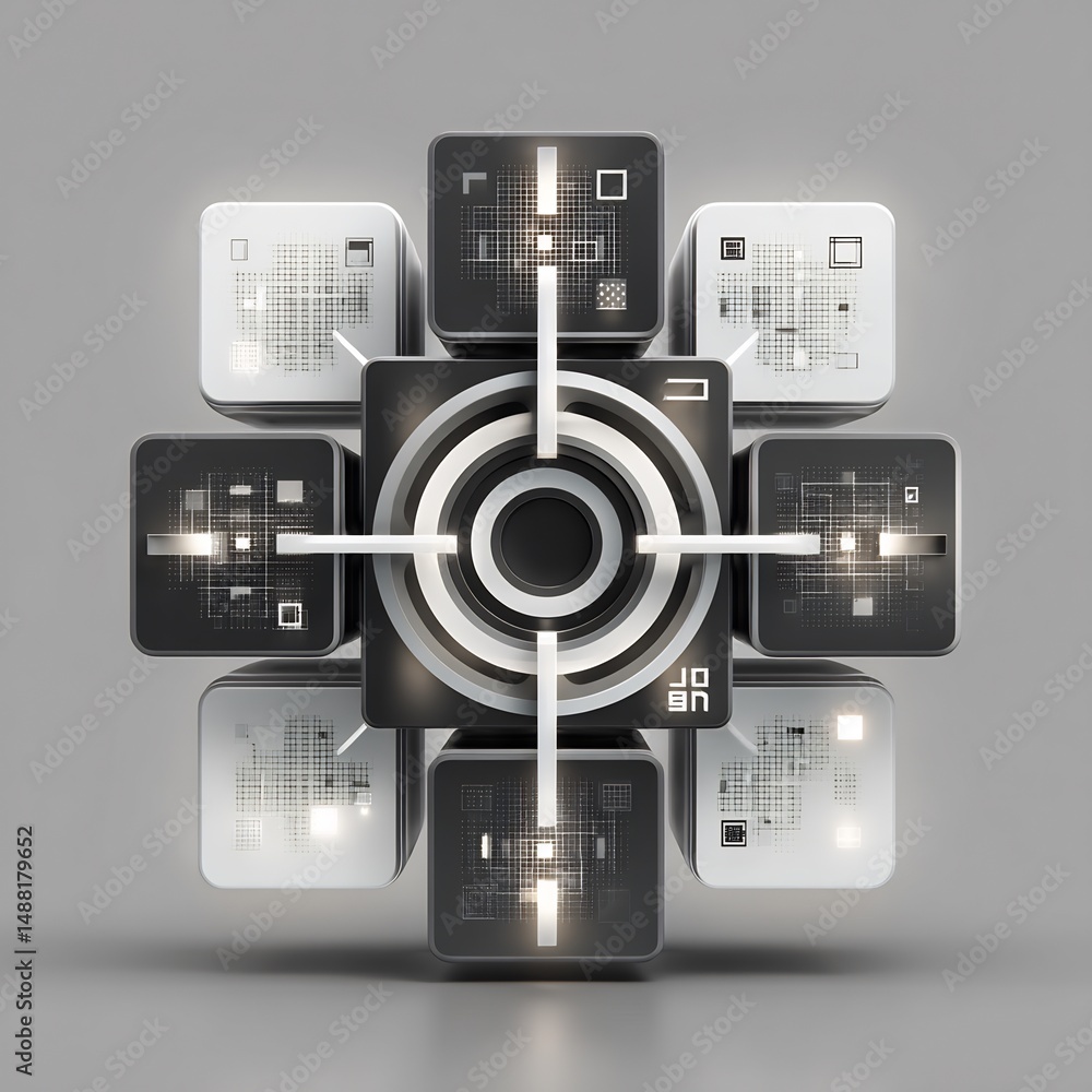 Poster abstract technological concept showcasing interconnected data networks in three dimensions