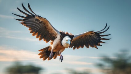 Obraz premium Flying adult Egyptian Vulture amidst nature.