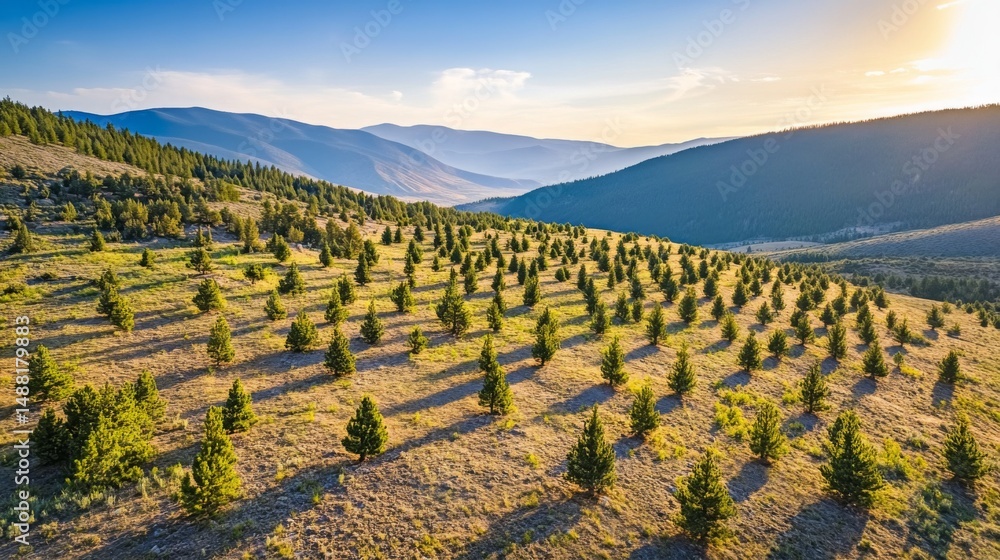 Poster a panoramic view of a hillside covered in small, newly planted trees, with mountains in the distance