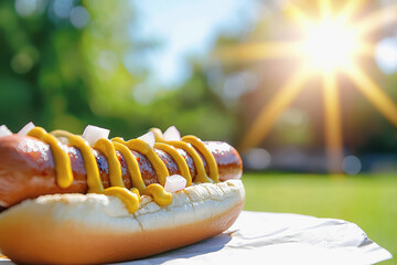 Delicious grilled hot dog topped with mustard and onions served on a napkin at a picnic table during a sunny day