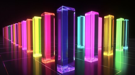 Fototapeta premium A row of vibrant, glass-like bars in a financial bar chart, with each bar glowing softly against a sleek, dark grid background, representing economic growth