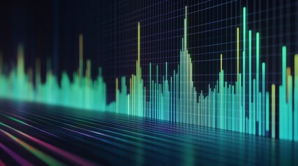 A row of vertical bars in a gradient from blue to green, symbolizing financial performance over time, with a subtle grid background for a professional look