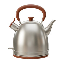 光沢輝くステンレス製やかん 温かい茶色い取っ手と台座がアクセント