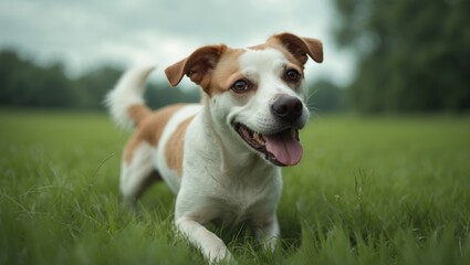Pooch on vibrant green grass in the open air