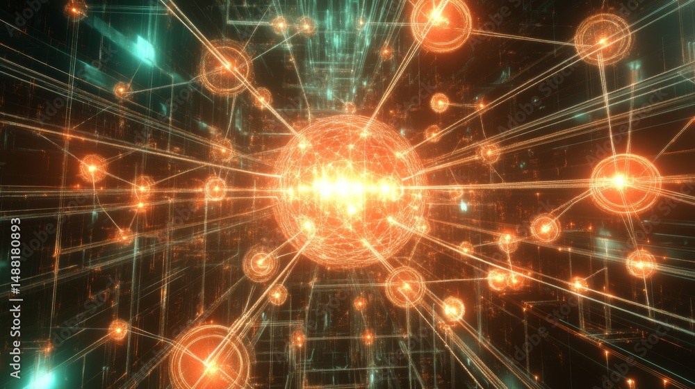 Poster a visually striking d graph with interconnected nodes and ascending lines, set in a digital space wi