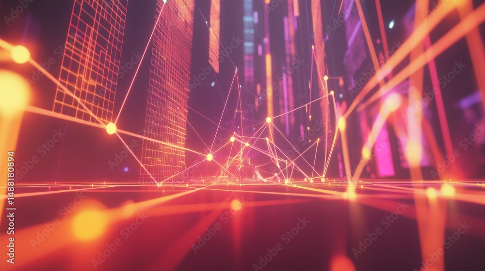 Poster a visually striking d graph with interconnected nodes and ascending lines, set in a digital space wi