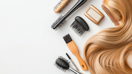 A showcase of various hair products and styling tools alongside strands of hair in a modern and stylish setting