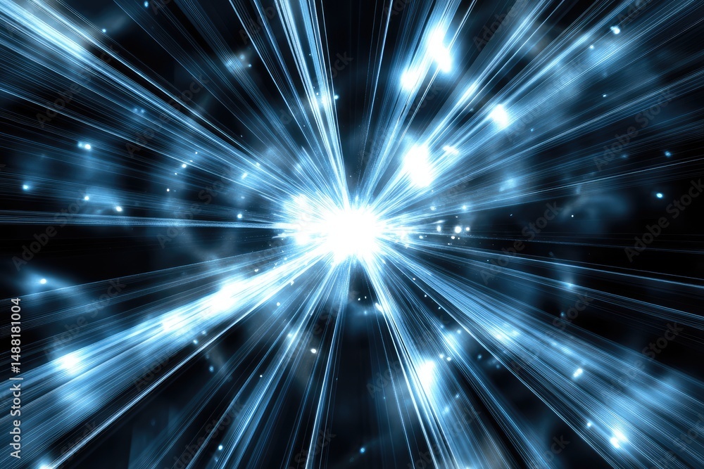 Poster a burst of luminous blue energy streaks outwards from a central point against the dark, creating a d