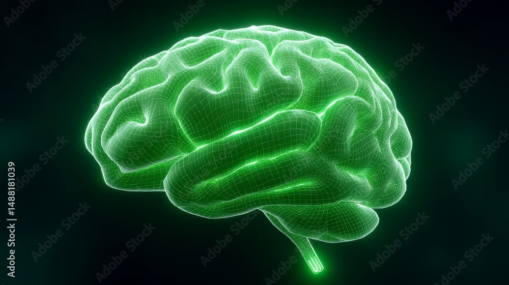 Poster futuristic brain scan visualization in green glowing wireframe against dark background