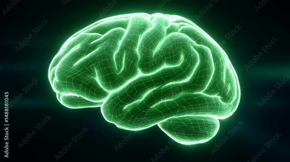Poster futuristic glowing wireframe brain rotating against dark background in high-tech visualization
