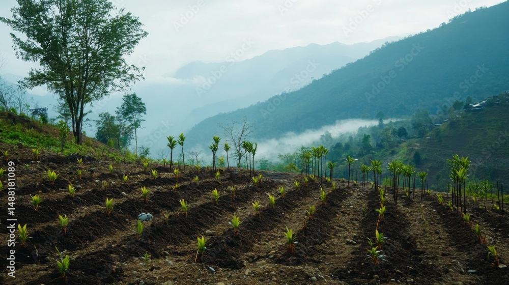 Poster newly planted rows of saplings on a hillside, with a soft morning mist hovering over the landscape, 