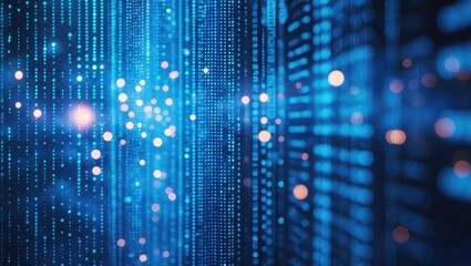 Digital background with blue dot matrix. Matrix of computer languages. Theme of cyber warfare and digital data transfer. Concepts of AI and data analysis.