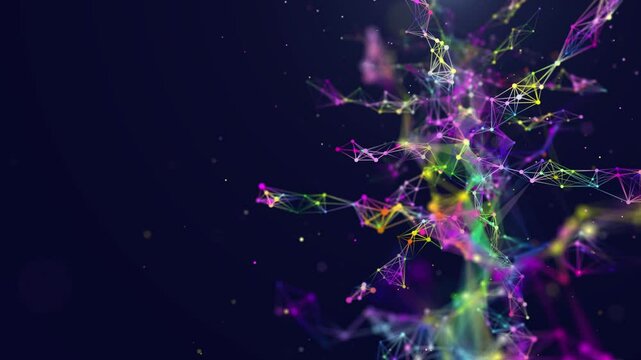 Abstract grid futuristic data tree from multicolor polygons in dark cyberspace. 3d rendering. Rotating wireframe shape connecting dots. Big Data.