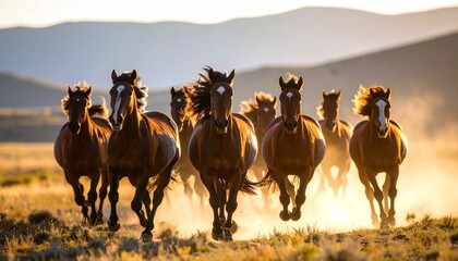 Obraz premium A herd of wild horses runs across a sunlit plain, kicking up dust with mountains in the background.