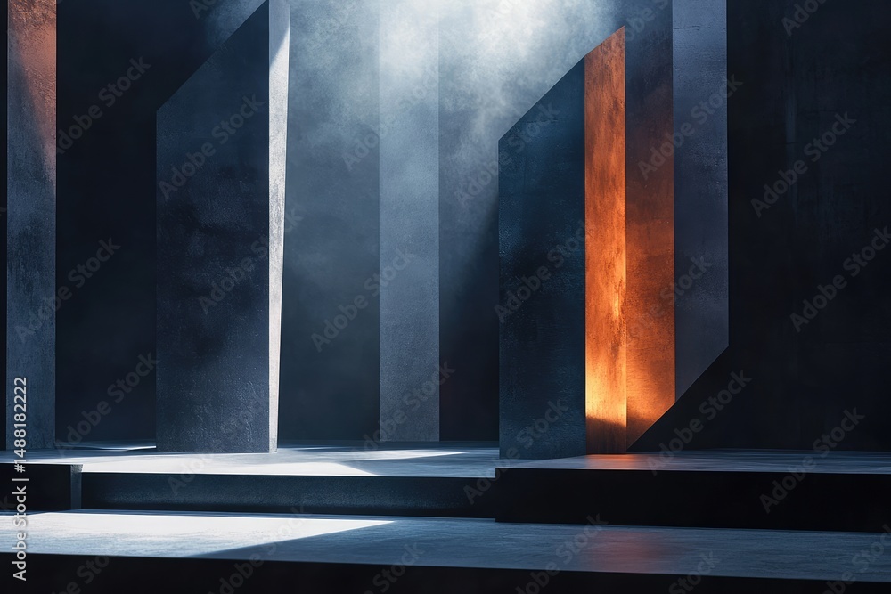 Poster abstract architectural space with geometric pillars, bathed in soft light and ethereal mist, creatin