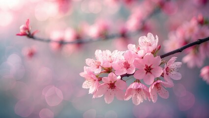 Obraz premium Delicate pink cherry blossoms against a bokeh backdrop with shallow depth of field.
