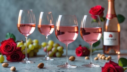Different glasses of Rose wine on a concrete backdrop.