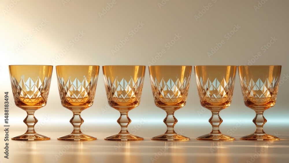 Poster a display of empty gold crystal glasses on a neutral background