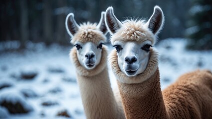 Fototapeta premium Happy little alpacas in wintertime outdoors