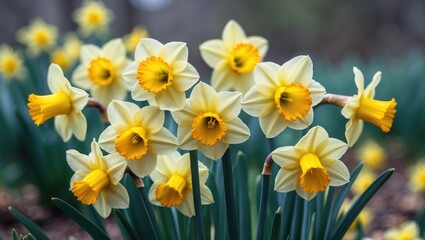 Obraz premium Fresh yellow daffodils against a floral and botanical backdrop for spring celebration