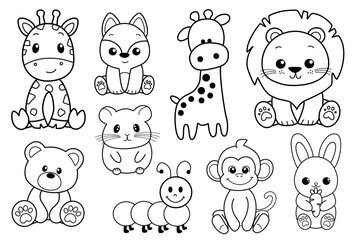 Set of cute animals doodle cartoon. Hand drawn vector illustration. Perfect for postcard,  birthday, baby book and children room.