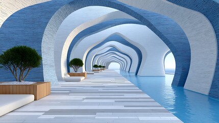 Surreal Blue Wall Mockup Featuring Elegant Pool and Curved Arch Formations