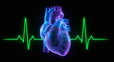 Human Heart Illustration with Heartbeat Line on Black Background Illustration