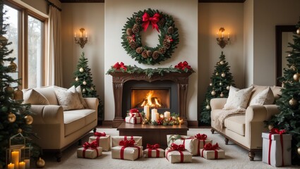 Up-to-date interior design style. Comfortable and cozy living room featuring gifts, a wreath frame, a fireplace, a sofa, and a carpet. Holiday decorations.