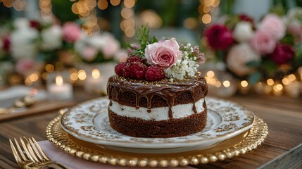 World Chocolate Day, Decadent chocolate cake centerpiece, elegant dessert adorned with fresh berries and floral accents, ideal for celebrations.