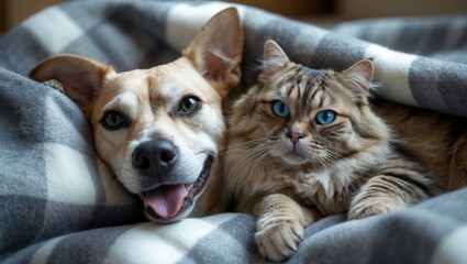 Under the blanket: dog and cat together