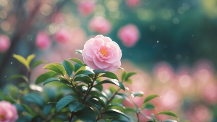 Obraz premium Amazing Lovely Camellia. Soft Pink Blossom On Shrub In Garden.