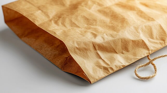 Close-up of a crumpled brown paper bag with a string handle